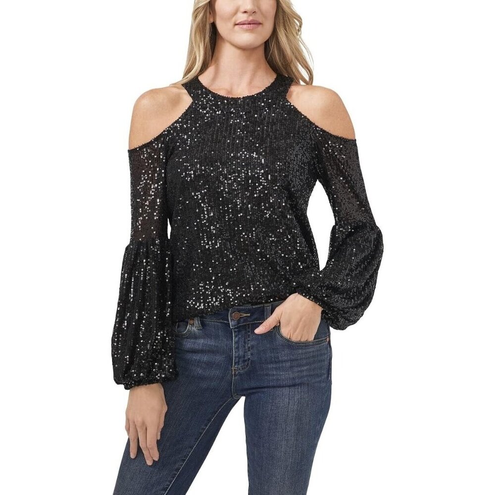 CeCe Womens Small Navy Blue Cold Shoulder Sequined Blouse Top NEW